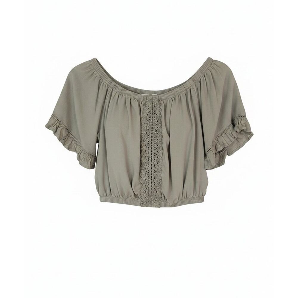 Ocean Drive Boho Crochet Ruffle Sleeve Off the Shoulder Crop Top Sage Size M